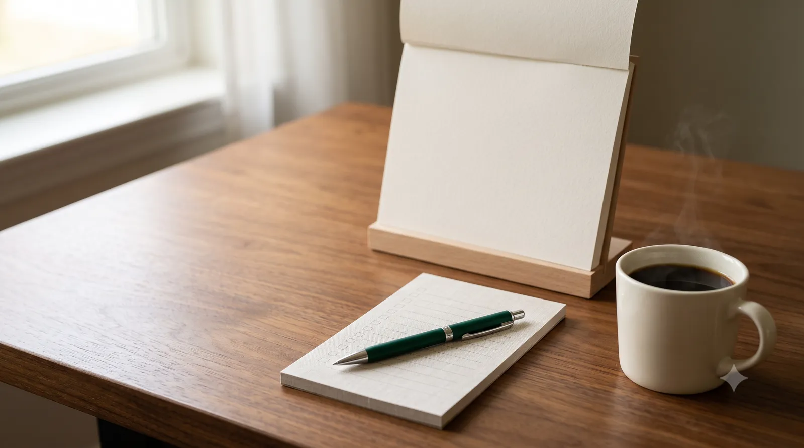 A blank desk calendar, checklist pad with pen and a cup of coffee
