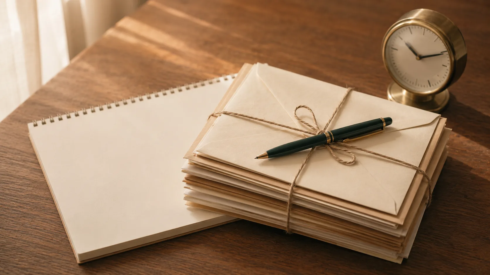 A twine-bound stack of unopened envelopes beside a small brass desk clock