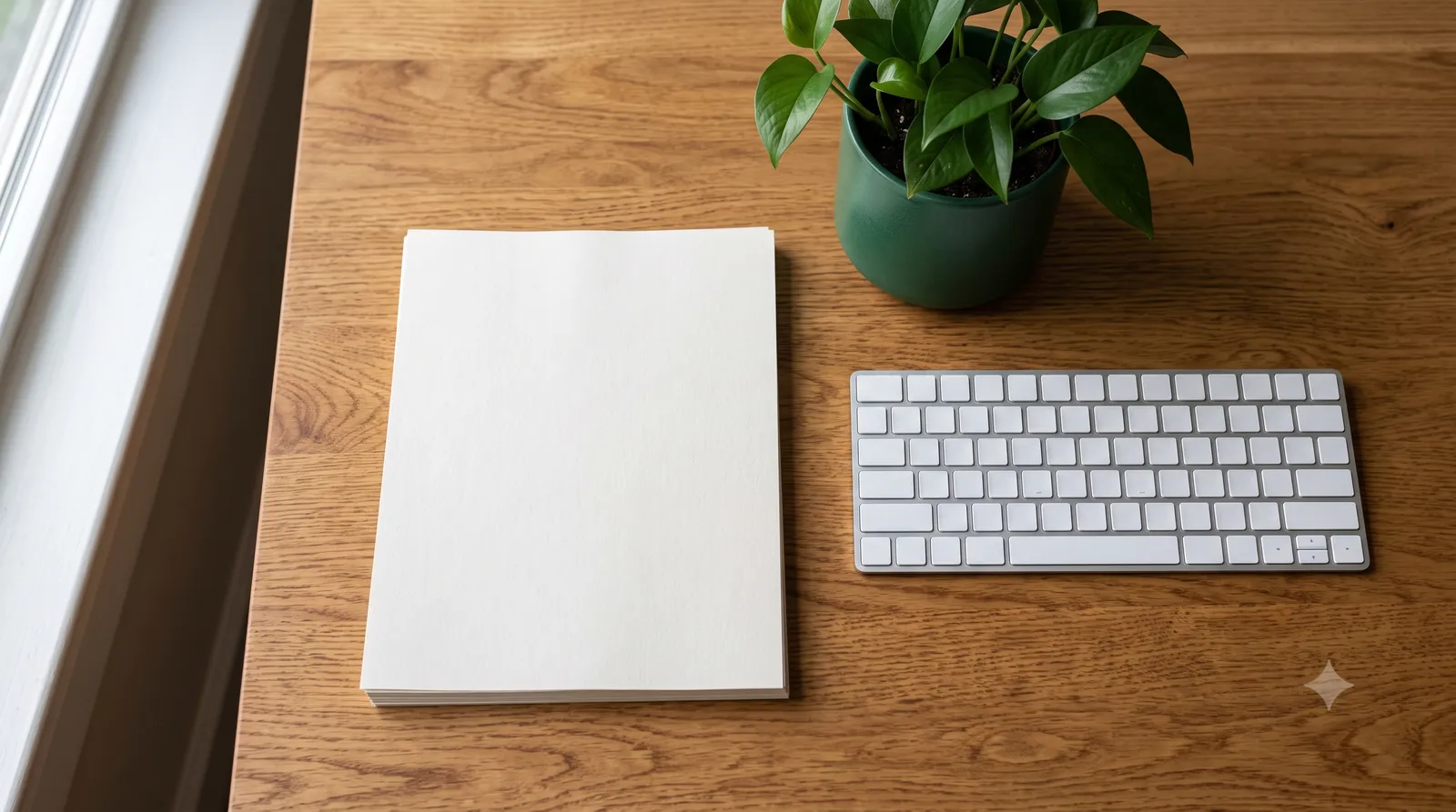 Blank papers face down beside a keyboard and a potted plant