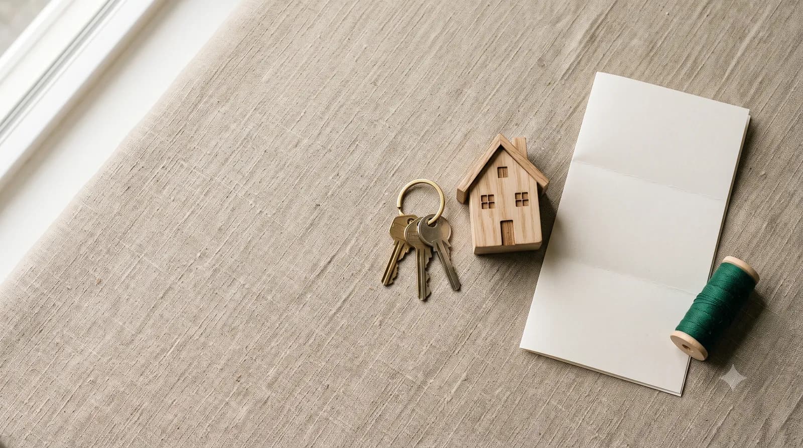 House keys and a small wooden house model on warm linen