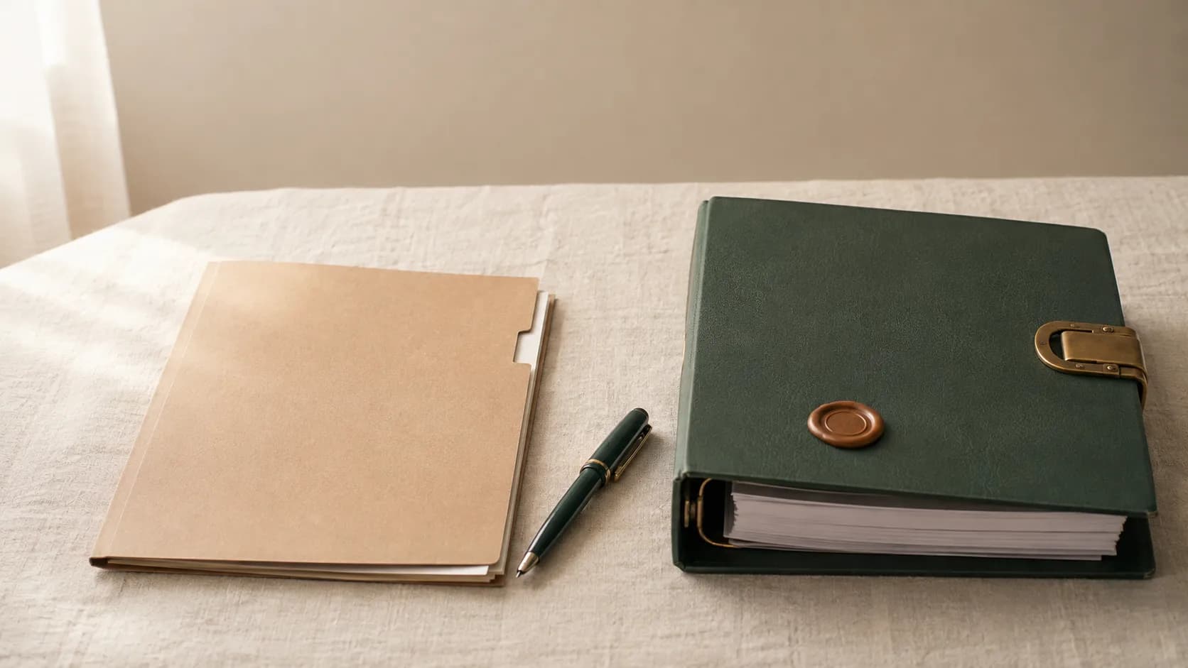 A slim kraft folder beside a thicker green binder, a fountain pen resting between them