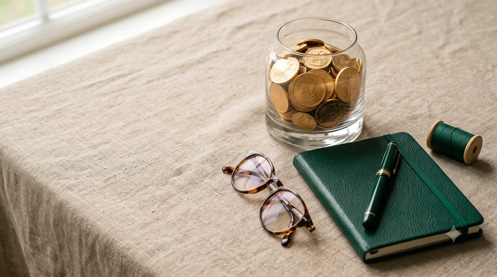A glass jar of gold coins beside reading glasses and a green notebook