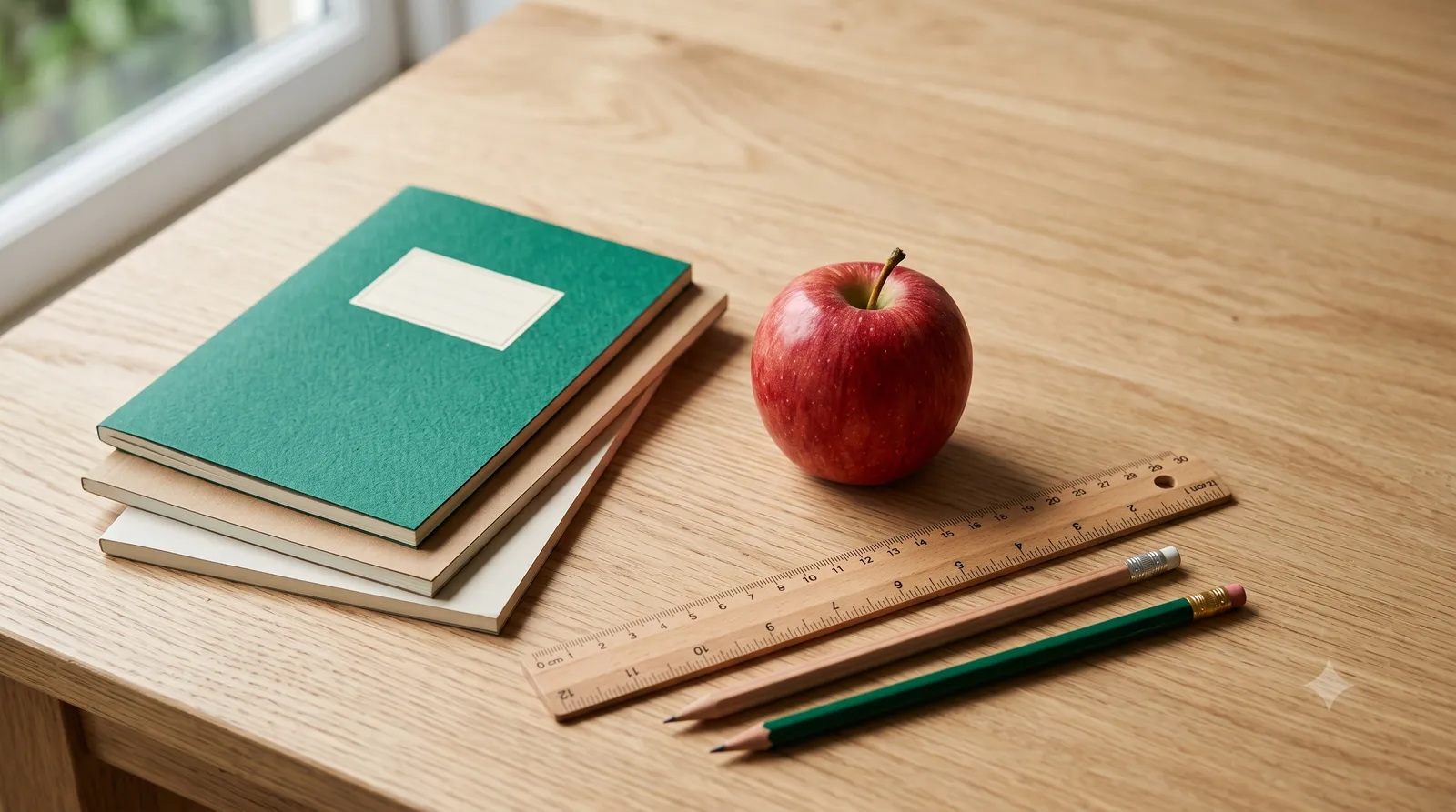 A red apple, exercise books, ruler and pencils on a school desk