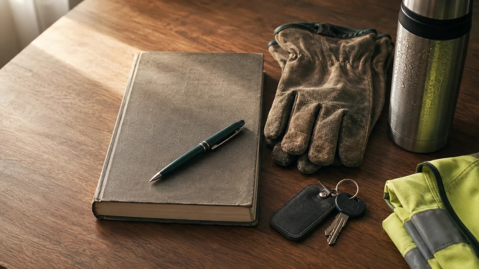A closed logbook, work gloves, thermos and folded hi-vis vest on a timber surface