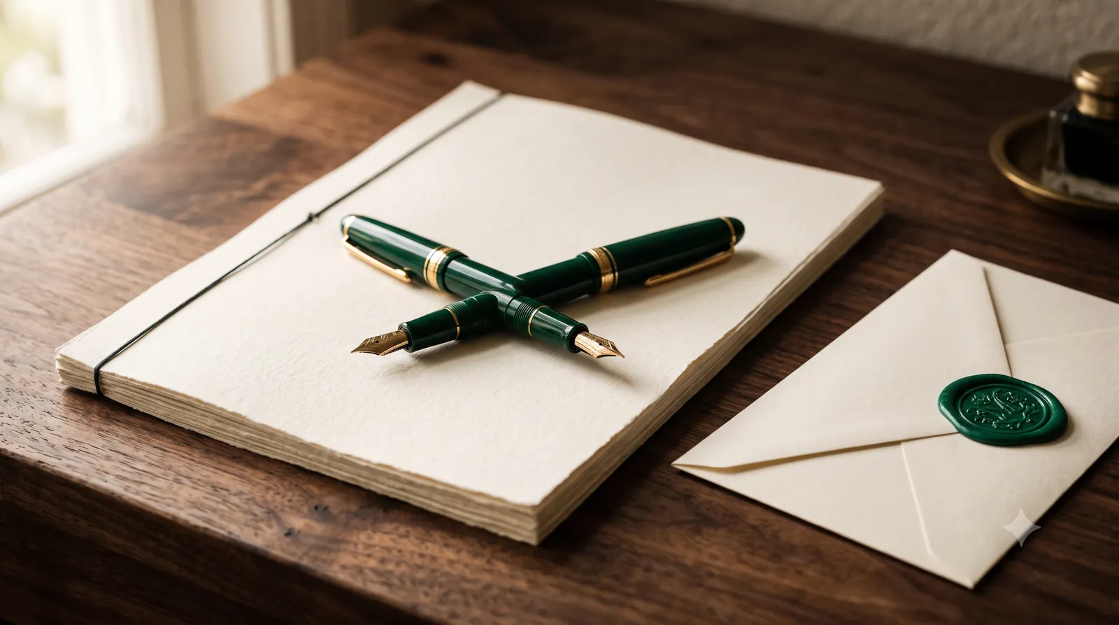 Fountain pens on a document stack beside a wax-sealed envelope