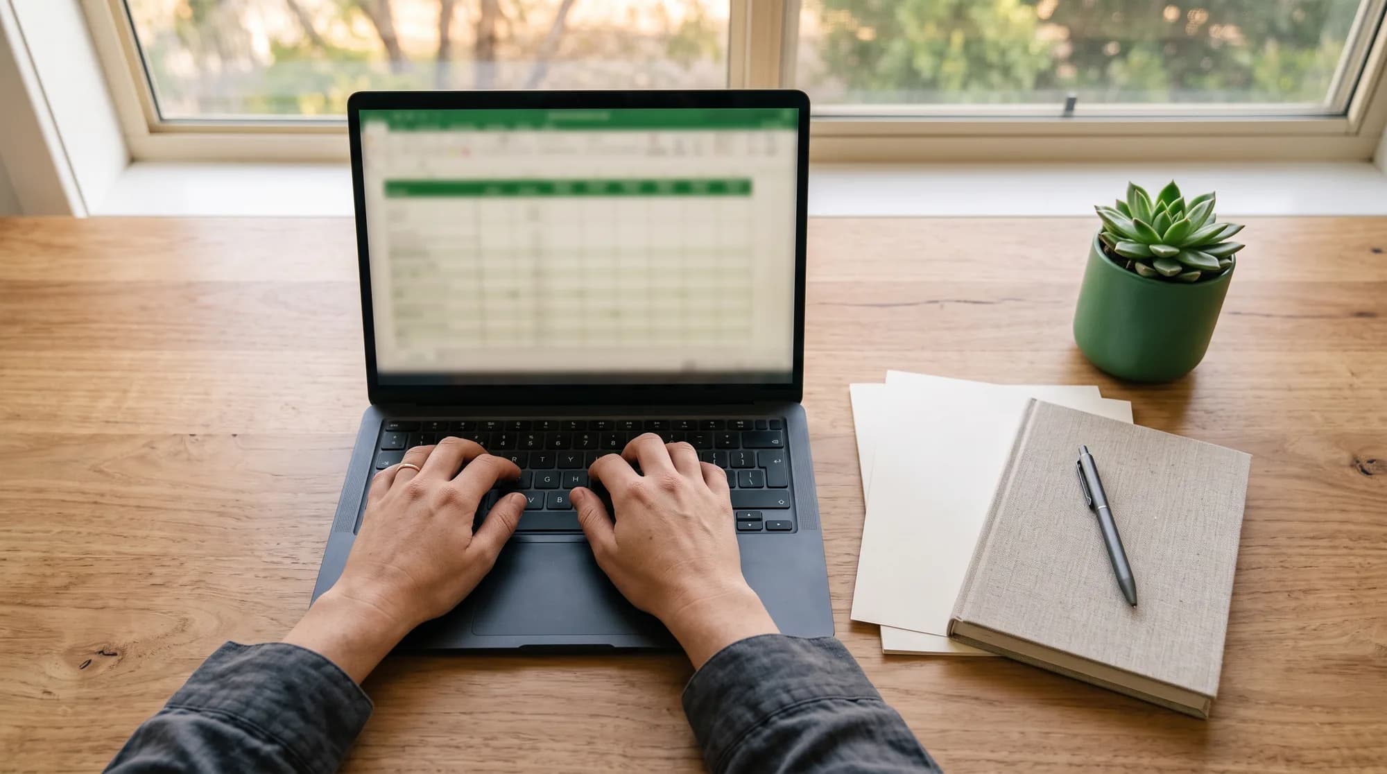 Hands typing on a laptop showing a spreadsheet, notebook and papers beside it