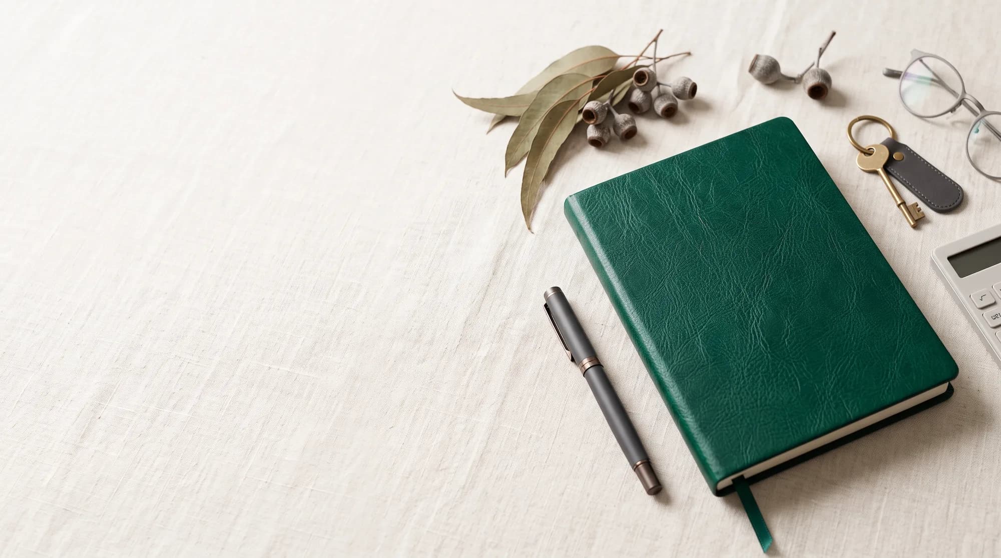 Green leather journal, reading glasses and calculator on a linen cloth