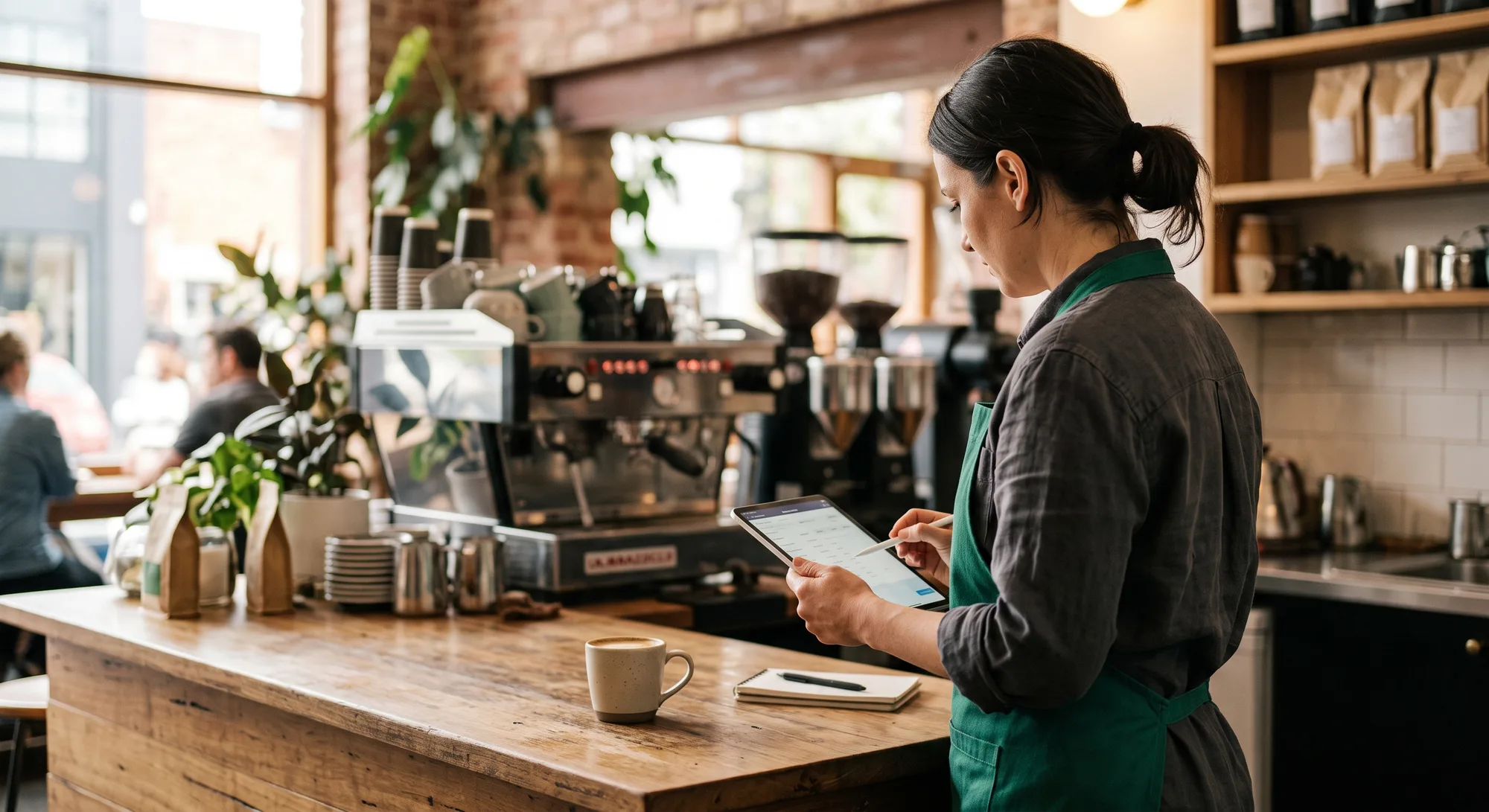 Café owner reviewing figures on a tablet at the counter