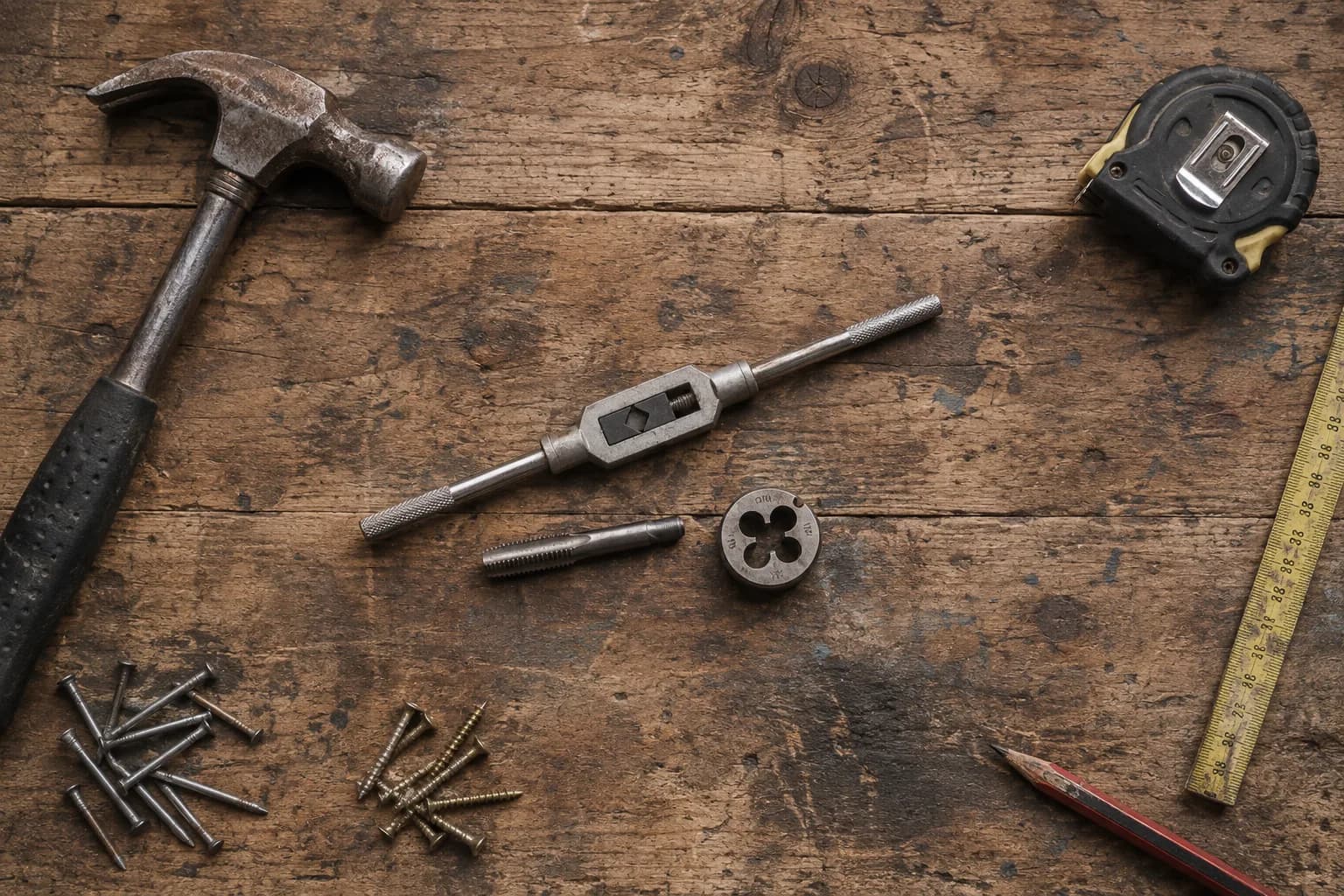 Well-worn hand tools, tape measure and pencil laid out on a timber workbench