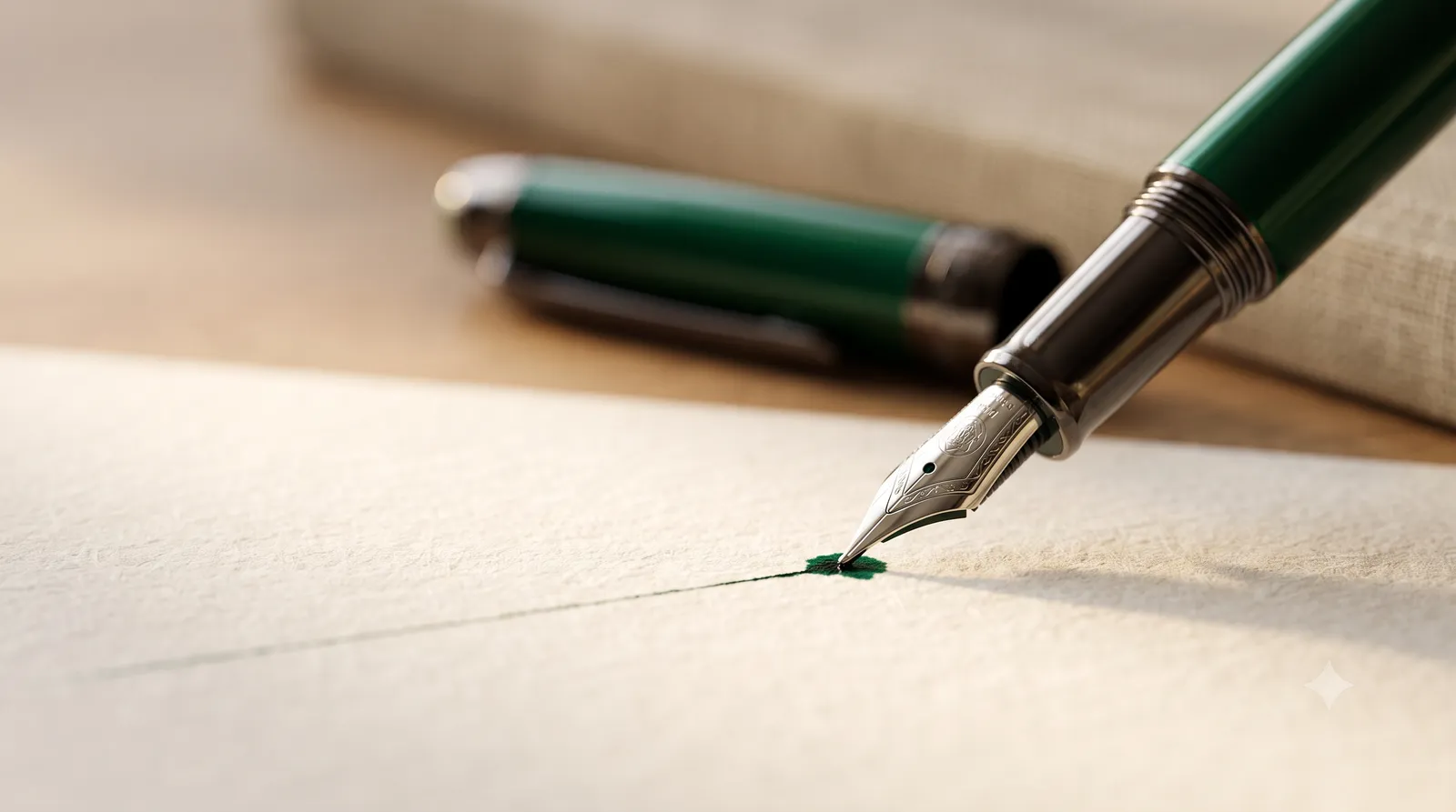 A green fountain pen nib touching paper mid-stroke