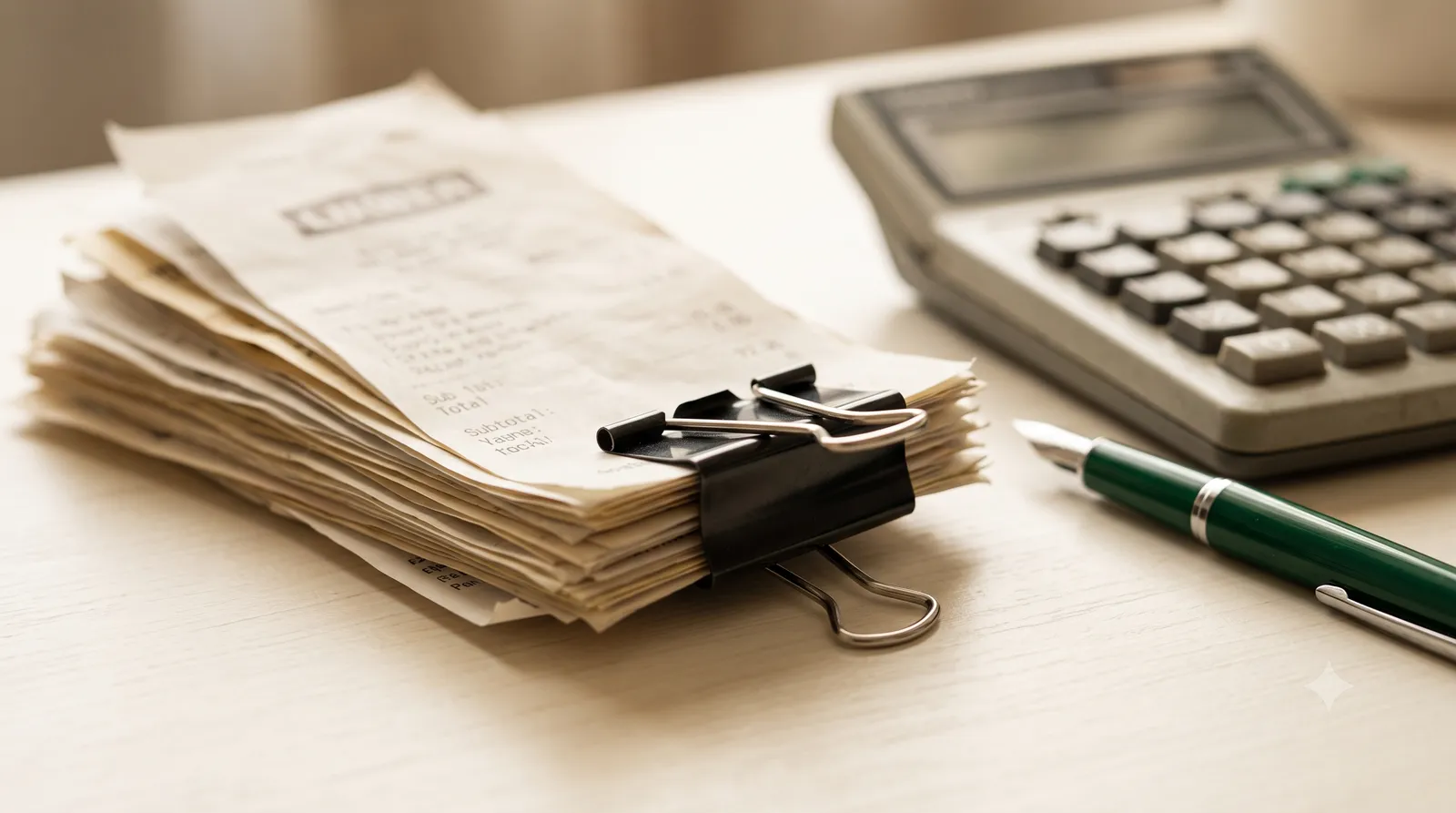 A binder-clipped stack of receipts beside a calculator