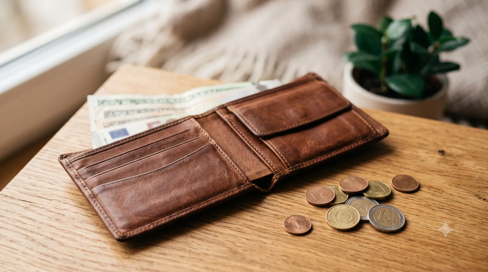 An open leather wallet with banknotes and coins on timber