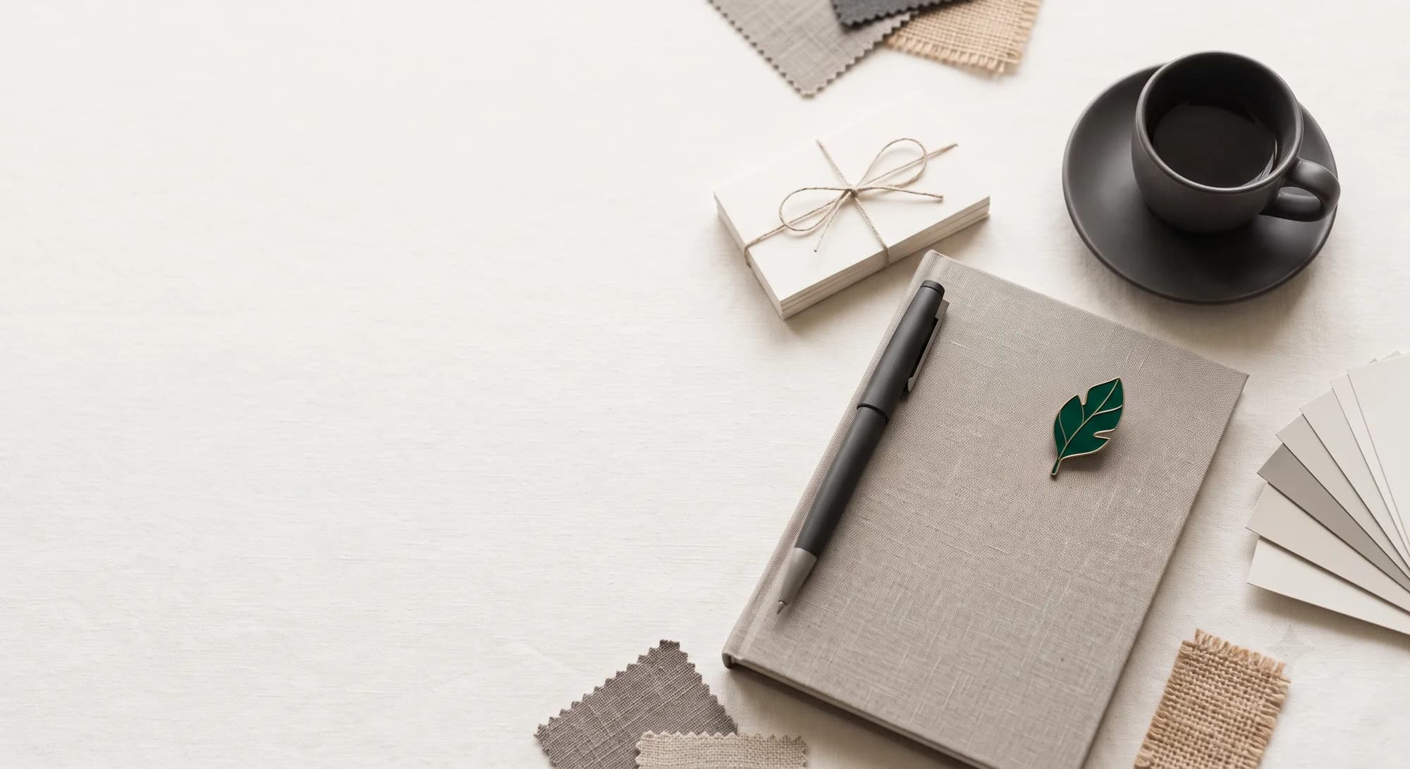 Minimal desk flat-lay with a linen notebook, pen and coffee