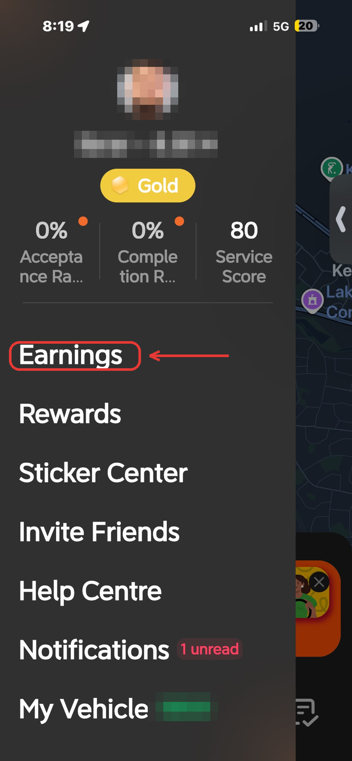 DiDi Driver app, step 2: Tap Earnings