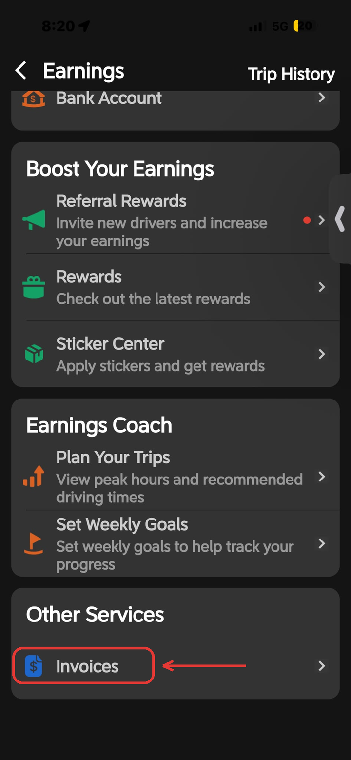 DiDi Driver app, step 3: Scroll down. Under Other Services, tap Invoices