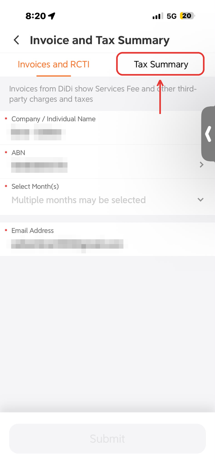 DiDi Driver app, step 4: Switch to the Tax Summary tab. Your name, ABN and email are already filled