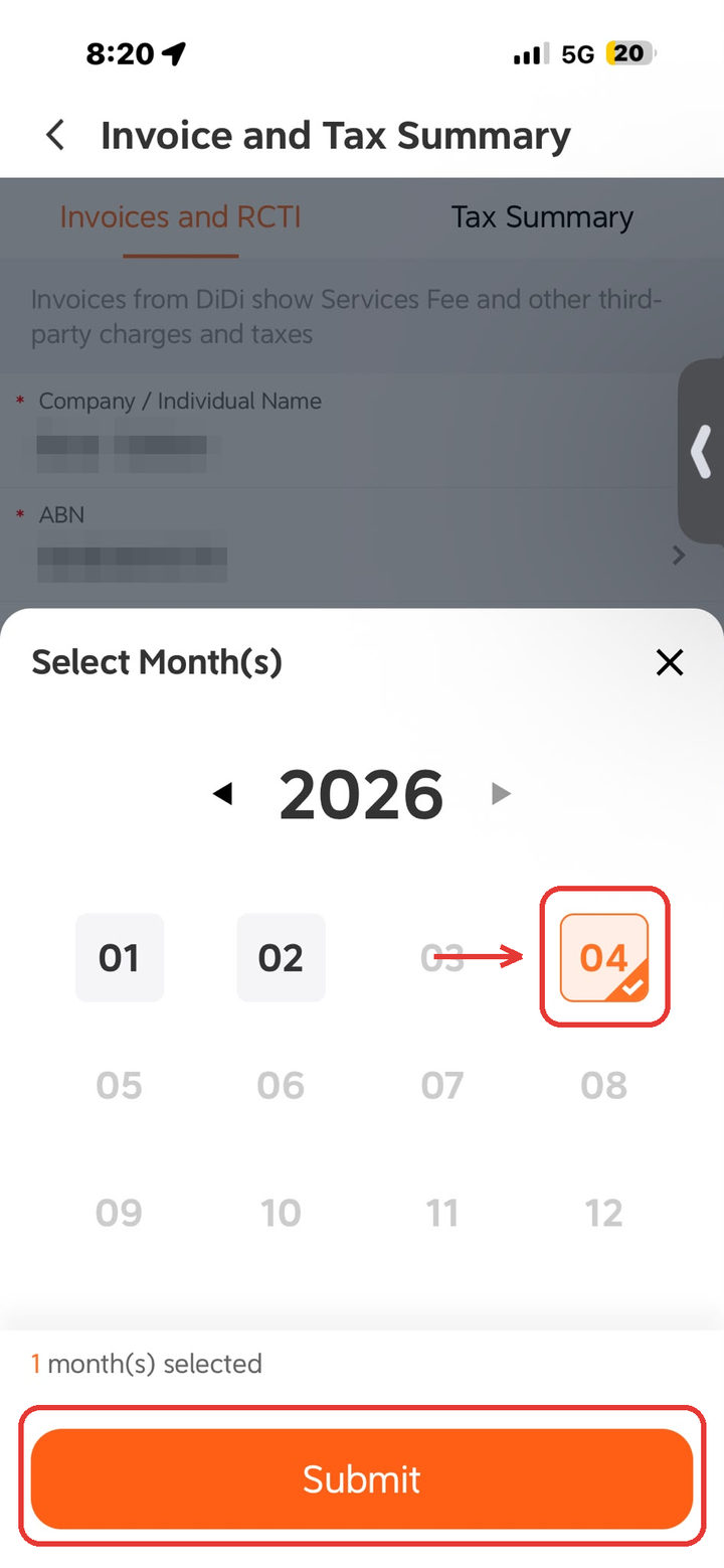 DiDi Driver app, step 5: Tick the quarter's months → Submit. DiDi emails the PDFs to you