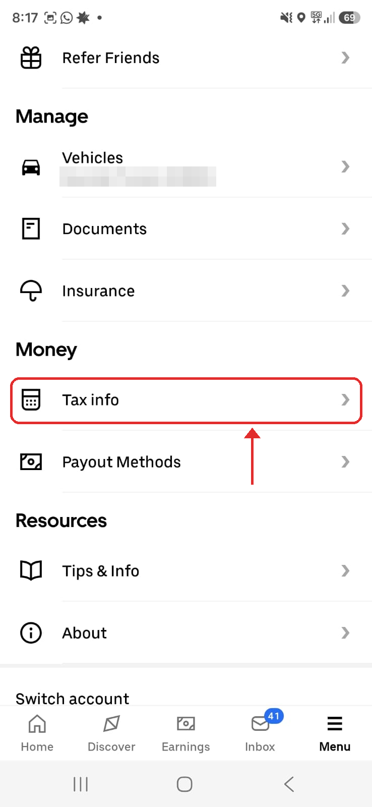 Uber Driver app, step 1: Menu (☰) → scroll to Money → Tax info