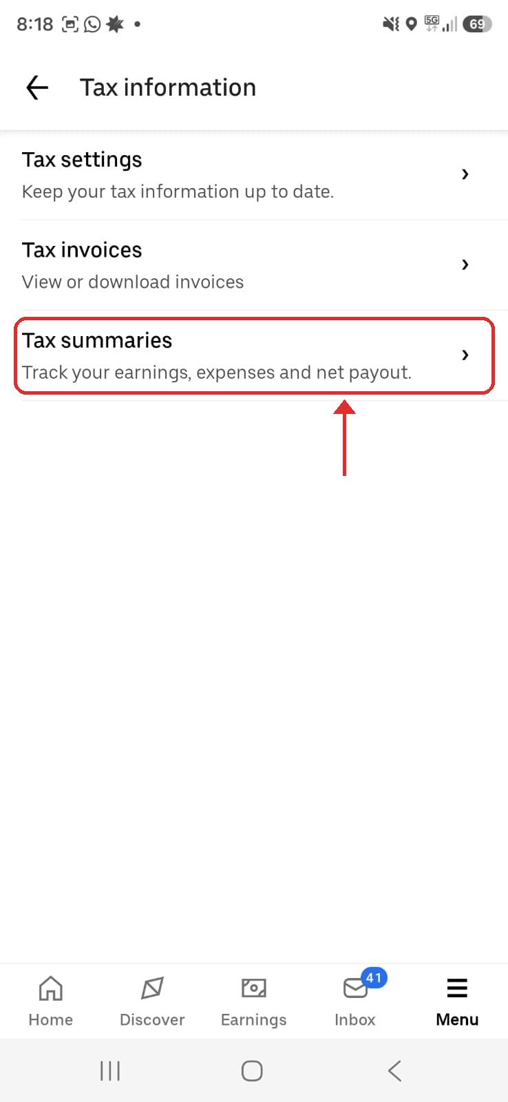 Uber Driver app, step 2: Tap Tax summaries (not Tax invoices)