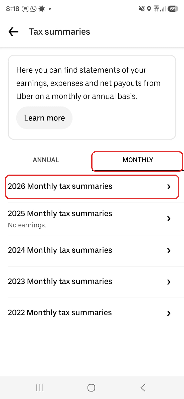 Uber Driver app, step 3: Switch to the MONTHLY tab → tap the year