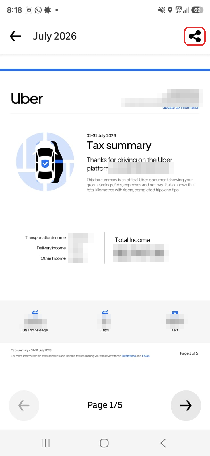 Uber Driver app, step 5: Share icon (top right) → save the PDF → send it to me