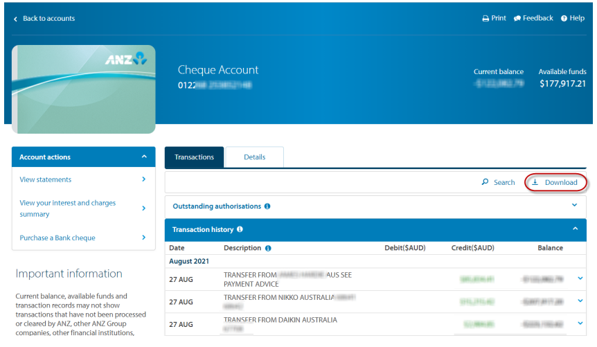 Screenshot of ANZ account selection.