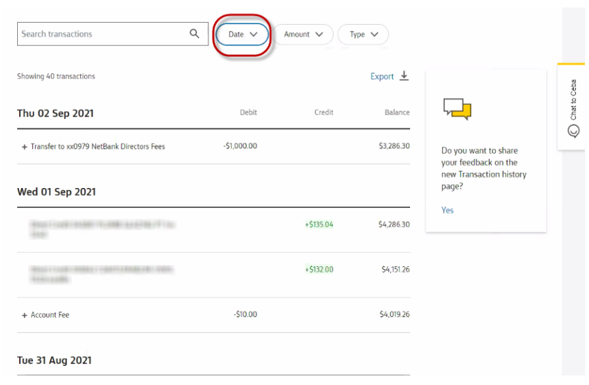 Screenshot of CBA account view.