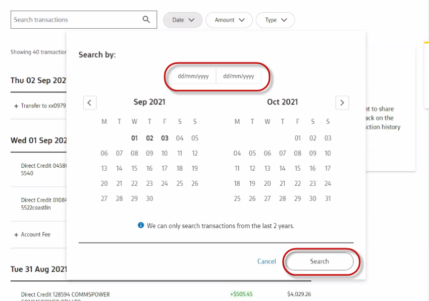 Screenshot of CBA date range selection.
