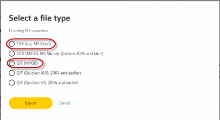 Screenshot of CBA export button.