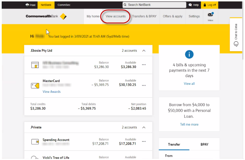 Screenshot of CBA Netbank login screen.