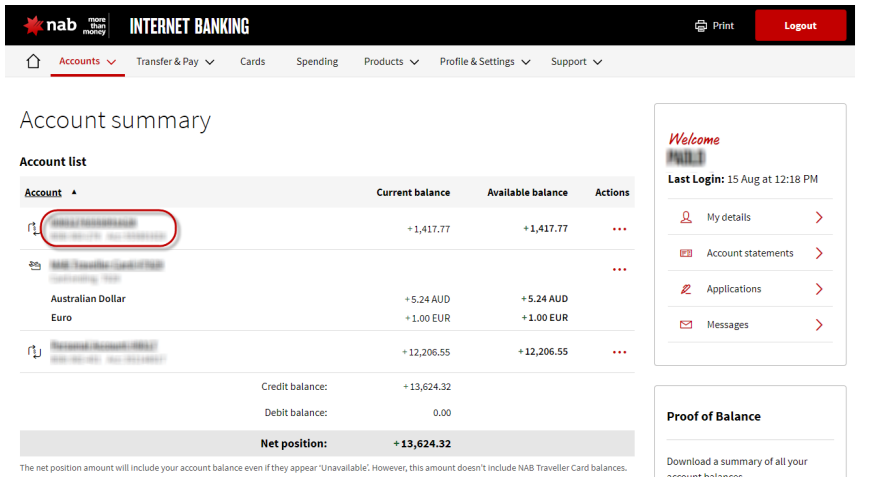 Screenshot of NAB Internet Banking login screen.