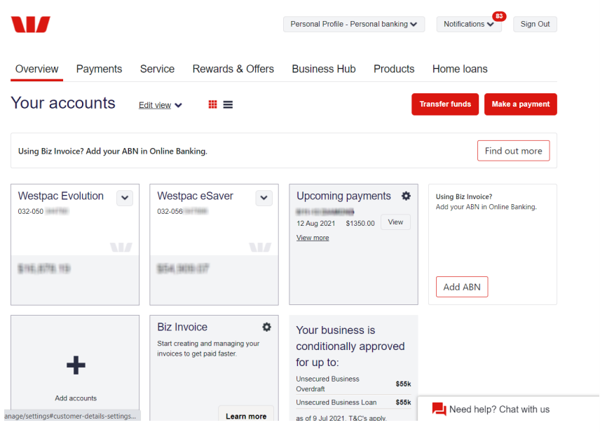 Screenshot of Westpac Online Banking login screen.