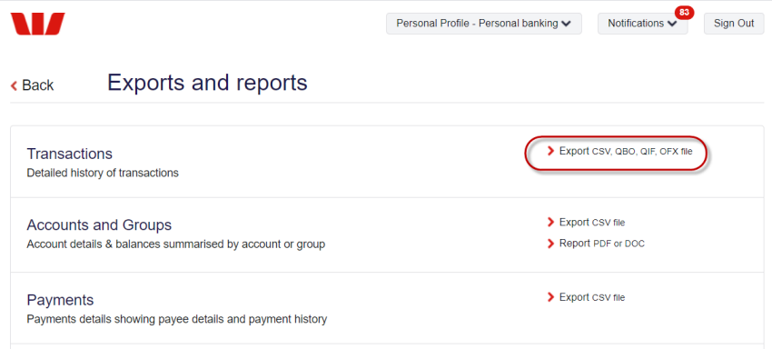 Screenshot of Westpac Exports and Reports menu.